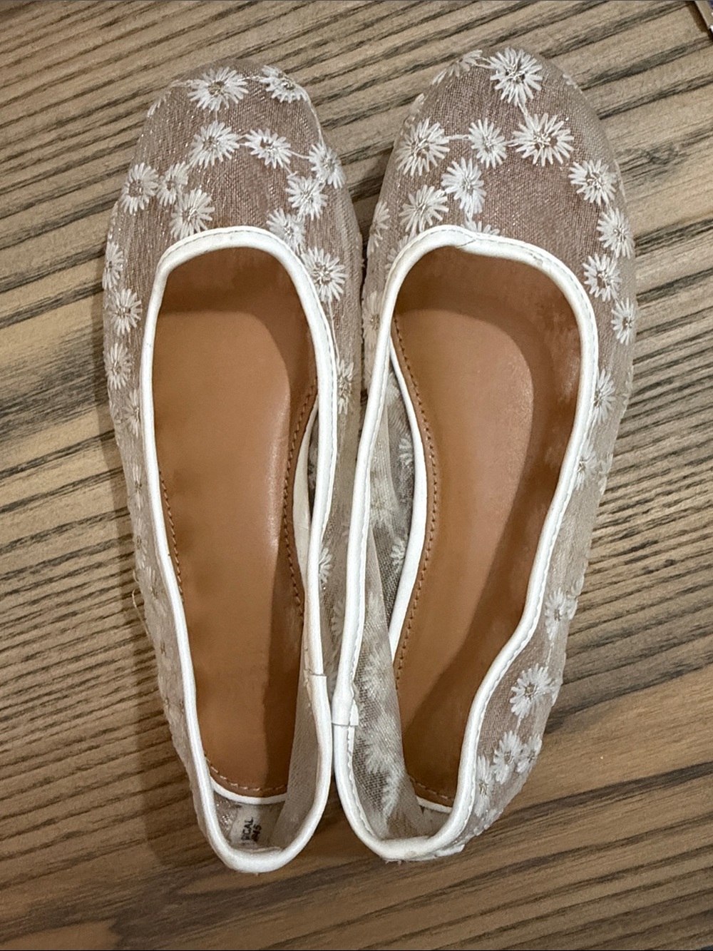 Dolce Vita Beige Floral Embroidered Ballet Flats with White Trim